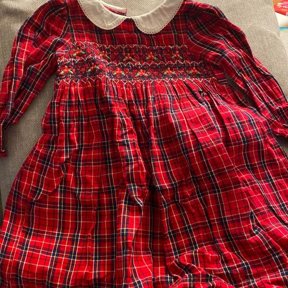 Jojomaman Bebe dress smocked with cranberries embroidered and Peter Pan collar